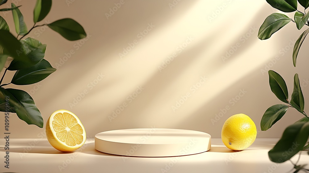 Poster Minimalist Lemon Display on Beige Platform with Green Foliage Shadows : Generative AI