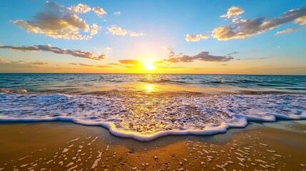 Obraz premium Serene Sunset Over Tranquil Beach with Gentle Waves and Vibrant Sky, Capturing the Essence of Nature's Beauty in a Golden Hour