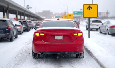 Cars lined up at a toll booth during holiday travel, drivers impatiently leaning out of windows, and signs warning of delays ahead 