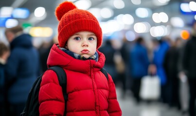 Chaotic holiday airport scene with passengers in heavy coats, crying children, and overwhelmed airline staff at packed check-in counters 