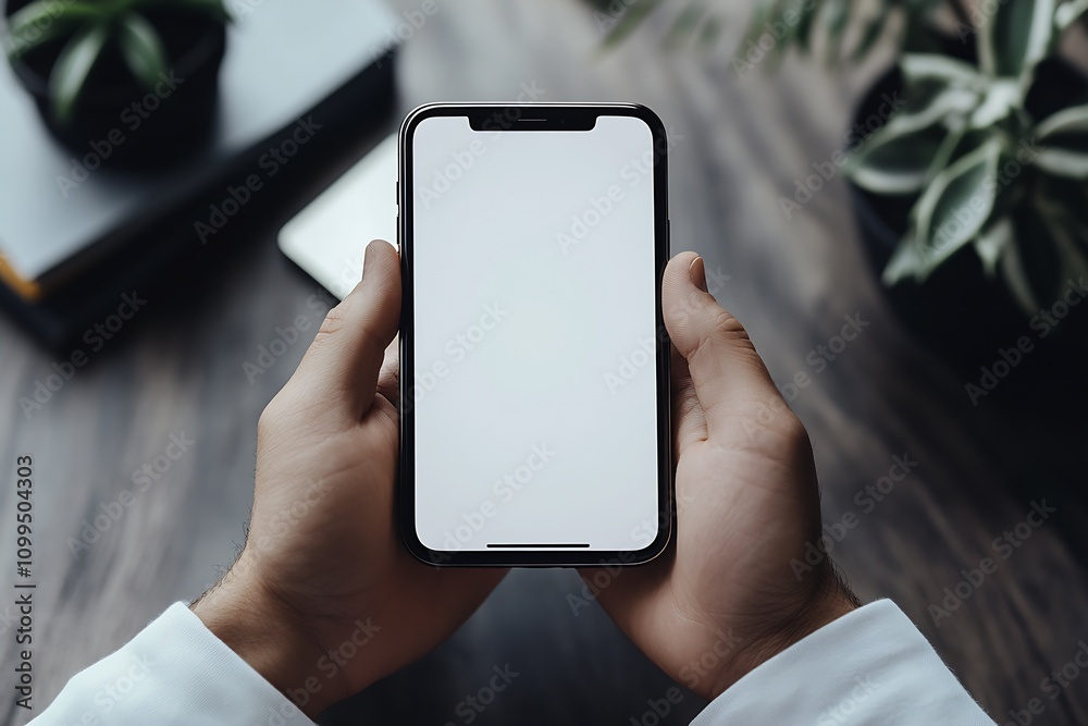 Poster Person Holding Smartphone with Blank Screen for App Design and Mockup in Indoor Setting : Generative AI