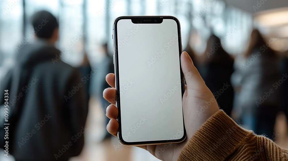 Poster Person Holding Smartphone with Empty Screen in Busy Public Place for Marketing and Design Mockups : Generative AI