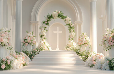 Fototapeta premium beautiful wedding stage design featuring white flowers, greenery, and cross. elegant setup creates romantic atmosphere perfect for memorable ceremony