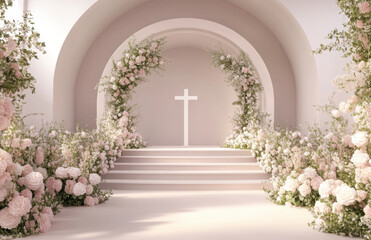 Fototapeta premium serene wedding stage design featuring white cross surrounded by lush floral arrangements in soft pink hues. elegant setting evokes romantic atmosphere perfect for special ceremony