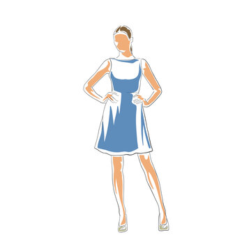 recommend clip art: Woman in blue summer dress, stylish clothing. Isolated vector drawing illustration, line art. Business woman
