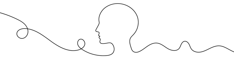 Continuous line drawing representing human head, isolated on white background. Line art of human head