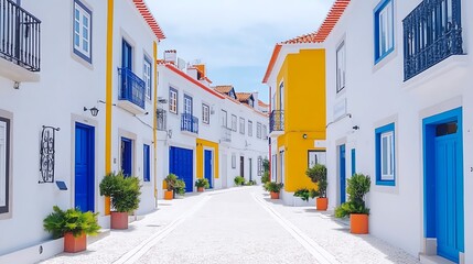 Fototapeta premium Charming Portuguese Street Whitewashed Walls, Blue Doors, Yellow House