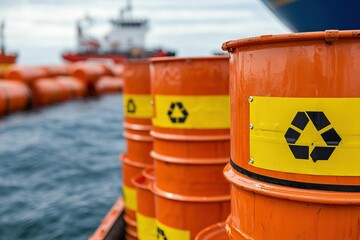 petroleum oil and distribution concept, Bright orange barrels with recycling symbols float on water, emphasizing environmental awareness in waste management and marine safety.