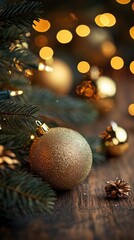 Elegant Gold Christmas Ornament with Sparkling Lights and Pine Cones