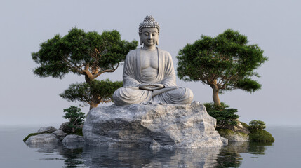 Obraz premium serene 3D model sculpture of Buddha sitting on rock surrounded by trees, evoking tranquility and peace