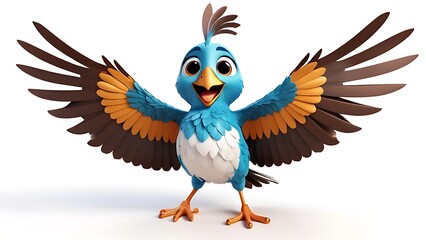Obraz premium A 3D cartoon bird flapping its wings, looking cheerful, with a white background 