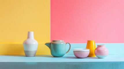 Minimalist ceramic tableware on colorful pastel background