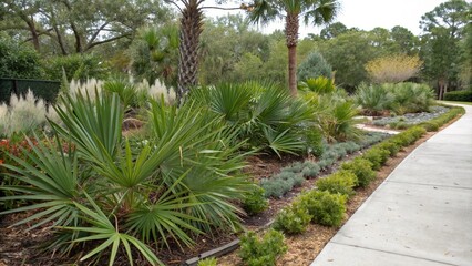 Saw palmetto serenoa repens plants in a garden bed with other native plants, saw palmetto serenoa repens garden, , Florida native flowers, lush garden, native plant species