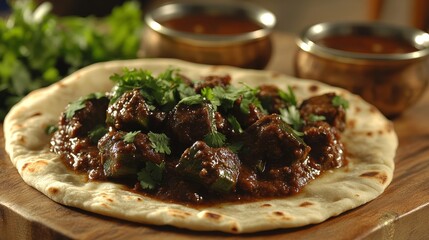 Preparing sudanese kisra flatbread with okra stew and spiced lamb in a cozy kitchen setting