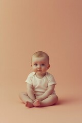 Naklejka premium A surreal full body baby portrait posing happily on a plain colored background with natural light