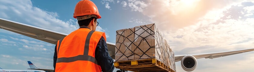A worker in an orange safety vest and helmet supervises cargo loading onto an airplane under a...