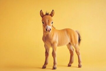Surreal Portrait of a Joyful Baby Foal Posing on Plain Yellow Background
