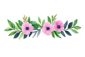 Watercolor Pink Anemone Floral Arrangement with Gold and Green Leaves