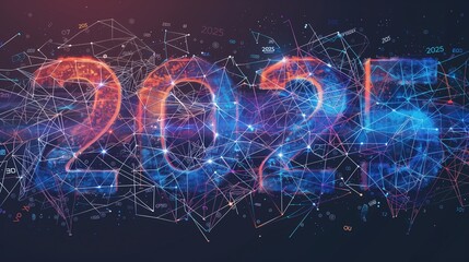 New Year 2025. Futuristic holographic, glowing digital fire Numbers 2025. Holiday card. New Year. Christmas. Holiday.