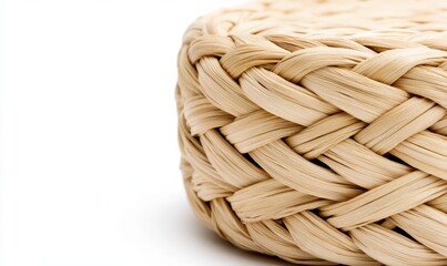 Obraz premium Wicker basket featuring natural beige tones, elegantly isolated on clean white background, perfect for photostock 