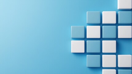 Abstract arrangement of blue and white tiles on a background