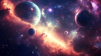 Vibrant Cosmic Celestial Landscape with Glowing Planets and Nebulae in Surreal Space