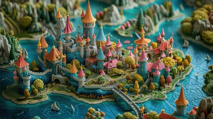 Fototapeta premium Whimsical fairytale castle town by a lake.