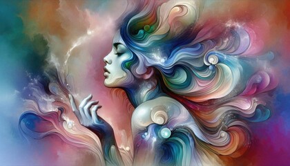 Fototapeta premium Abstract illustration of woman with flowing colors and ethereal design