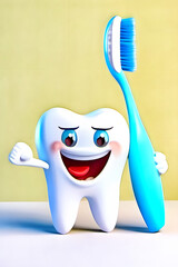 Happy tooth promoting oral hygiene practices with a blue toothbrush in a cheerful setting