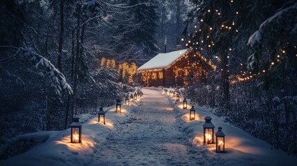 Cozy winter cabin path lit by lanterns in snowy forest.