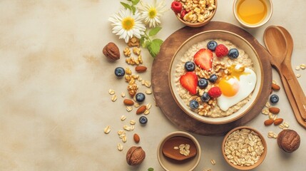 A bowl of oatmeal with berries, nuts, and a fried egg shaped like a heart, surrounded by ingredients and flowers on a beige background.