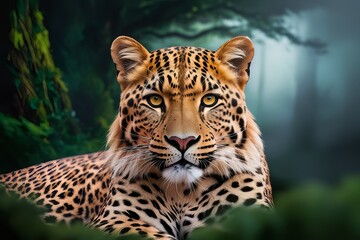 Obraz premium Golden Gaze: Close-Up of a Leopard Against the Sunset