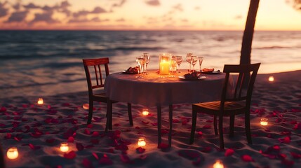 夕暮れのビーチに置かれたテーブルと椅子