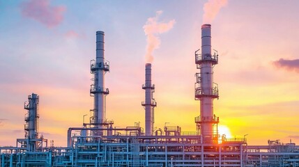 Fototapeta premium petroleum oil and distribution concept, A vibrant industrial scene at sunset, showcasing tall chimneys emitting steam against a colorful sky.