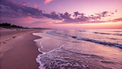 Soft pink and purple waves gently roll over the beach at sunset, serene, gradient