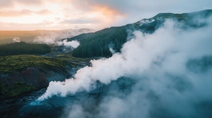 Obraz premium Majestic geothermal landscape with steam and lush forests