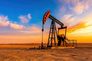 Fototapeta premium petroleum oil and distribution concept, A silhouette of an oil pump jack against a vibrant sunset sky, showcasing the industrial landscape in a vast, arid environment.