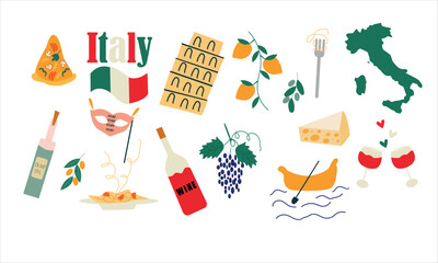 Italy stickers set. Italian landmarks, cities and cuisine. Vector drawings isolated on white background.