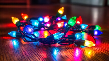Obraz premium Colorful Christmas Lights Gleaming on Wooden Floor