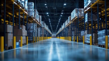 Expansive warehouse interior with organized shelving units