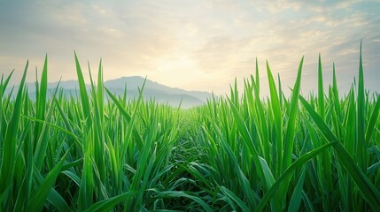 Fototapeta premium Lush green rice field under a serene morning sky