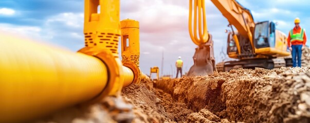 Underground trench with fiber optic cables being laid, fiber optic installation, foundation of digital connectivity