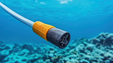 Coastal underwater fiber optic cable installation scene, fiber optic installation, global undersea network connection
