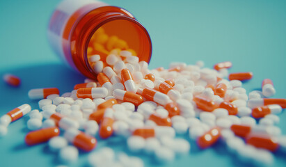 close up of orange and white pills spilling out from an open bottle on blue background with copy space,