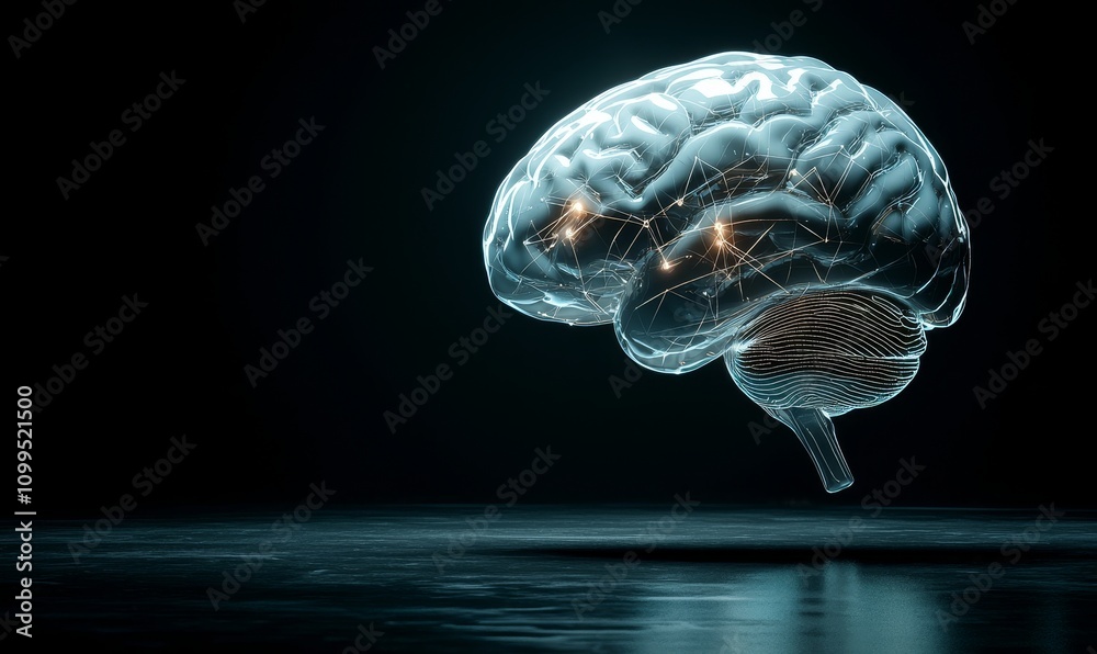Poster Futuristic conceptual design of a cybernetic AI robot brain, 3D render.