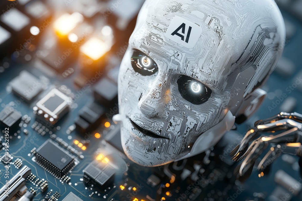 Poster A 3D rendered image of AI stock technology, featuring a CPU central processor unit chipset on a printed circuit board, highlighting electronic and technology concepts with selective focus and shallow