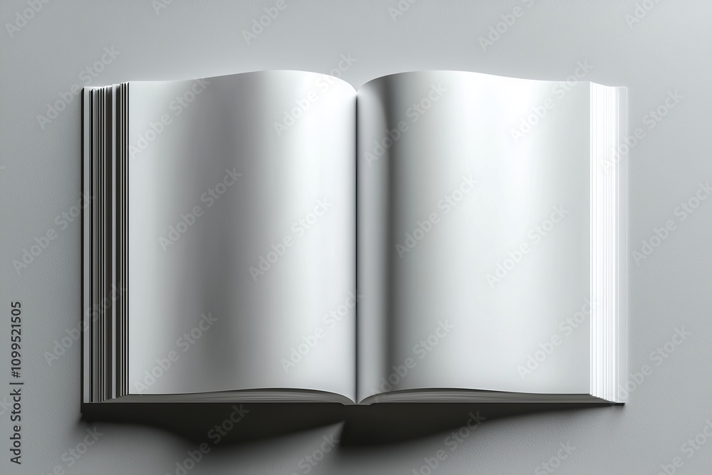 Poster Grey background with top view of open and closed blank brochures. Mock-up for design purposes.