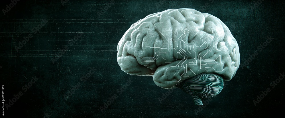 Poster A human brain set against a technological backdrop symbolizes the concepts of stock and cyberspace.