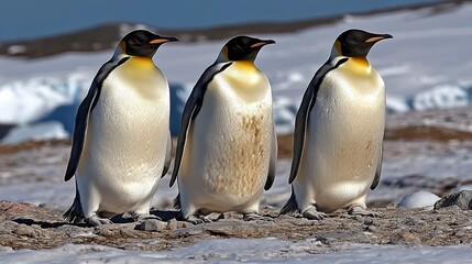 Fototapeta premium Three penguins standing on a rocky shore