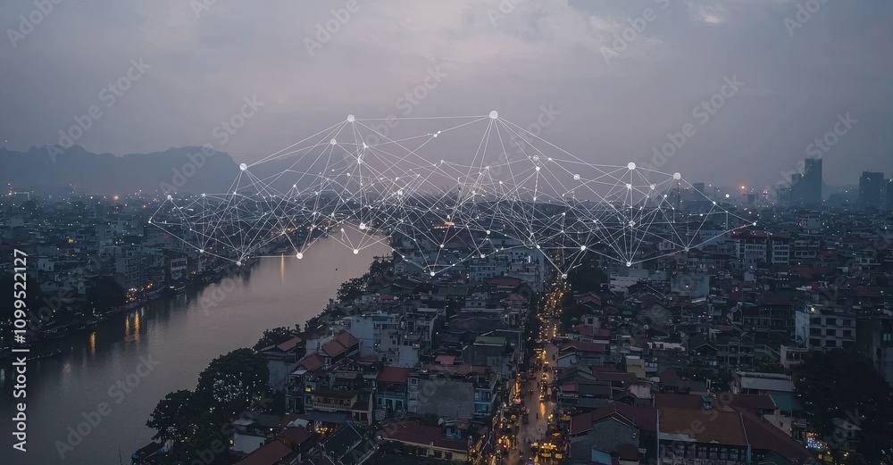 Poster communication network and smart city concept. digital network connections